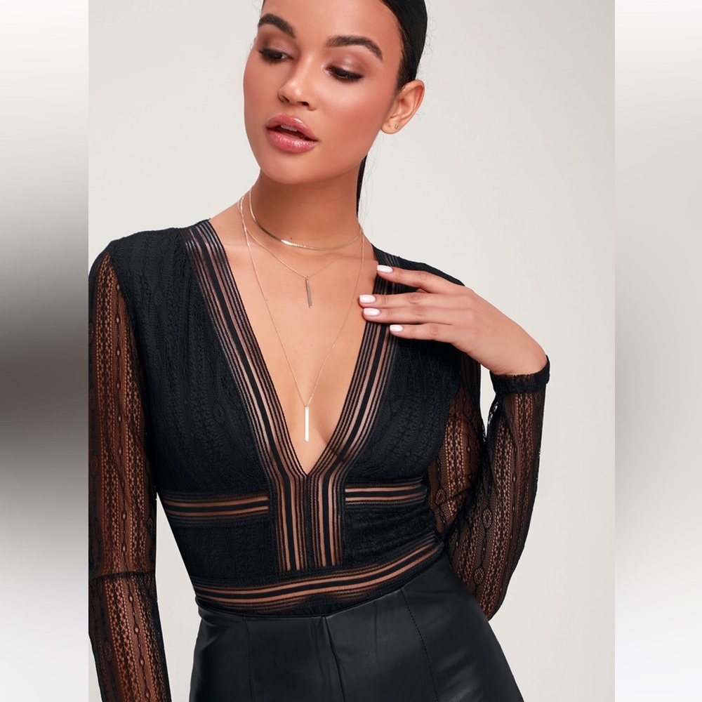 Casita Black Sheer Lace Long Sleeve Bodysuit